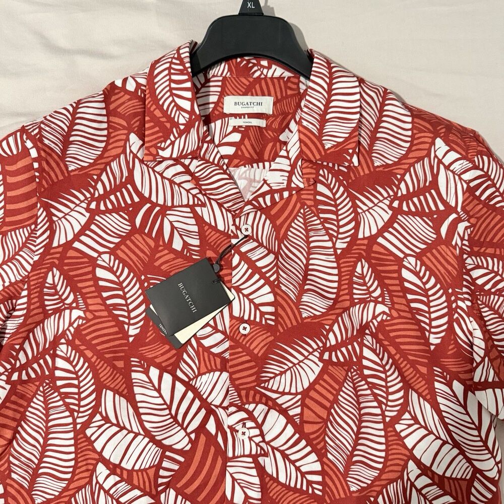 Bugatchi Shirt Men’s Breathable Floral Palm SS Shirt Papaya Medium NWT